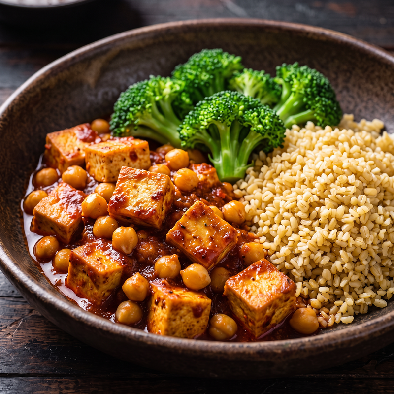 Tofu harissa z ciecierzycą, bulgurem i brokułem