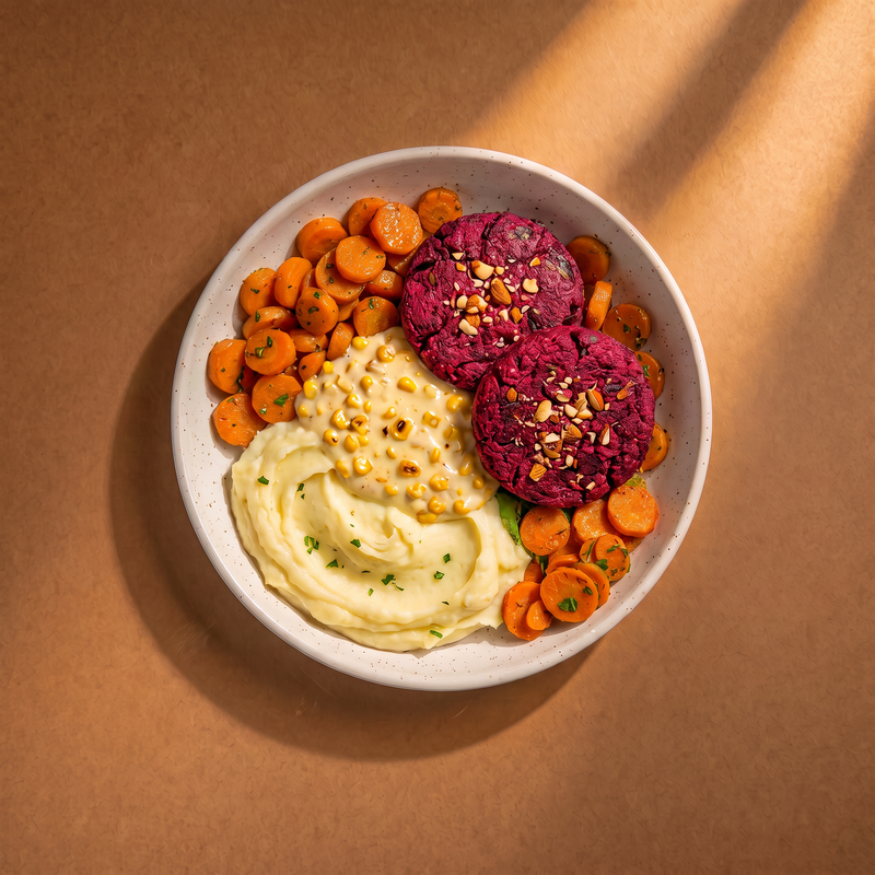Burgery buraczane z puree ziemniaczanym, marchewką i sosem z pieczonej kukurydzy