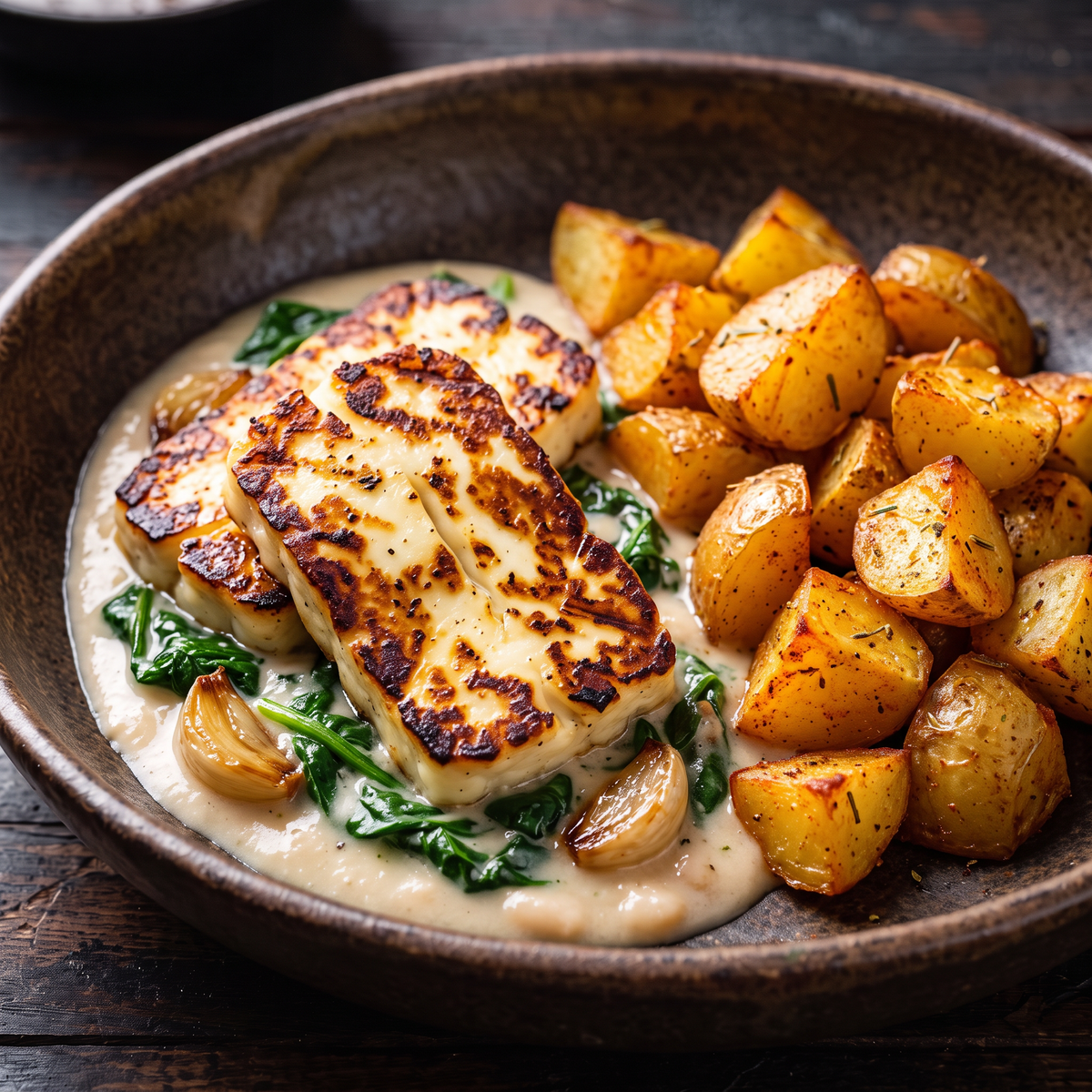 Halloumi w sosie z białej fasoli z ziemniakami