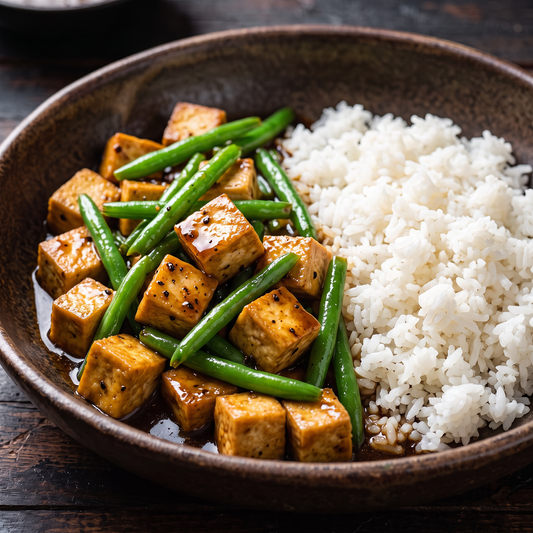 Tofu z czarnym pieprzem, fasolką szparagową i ryżem jaśminowym