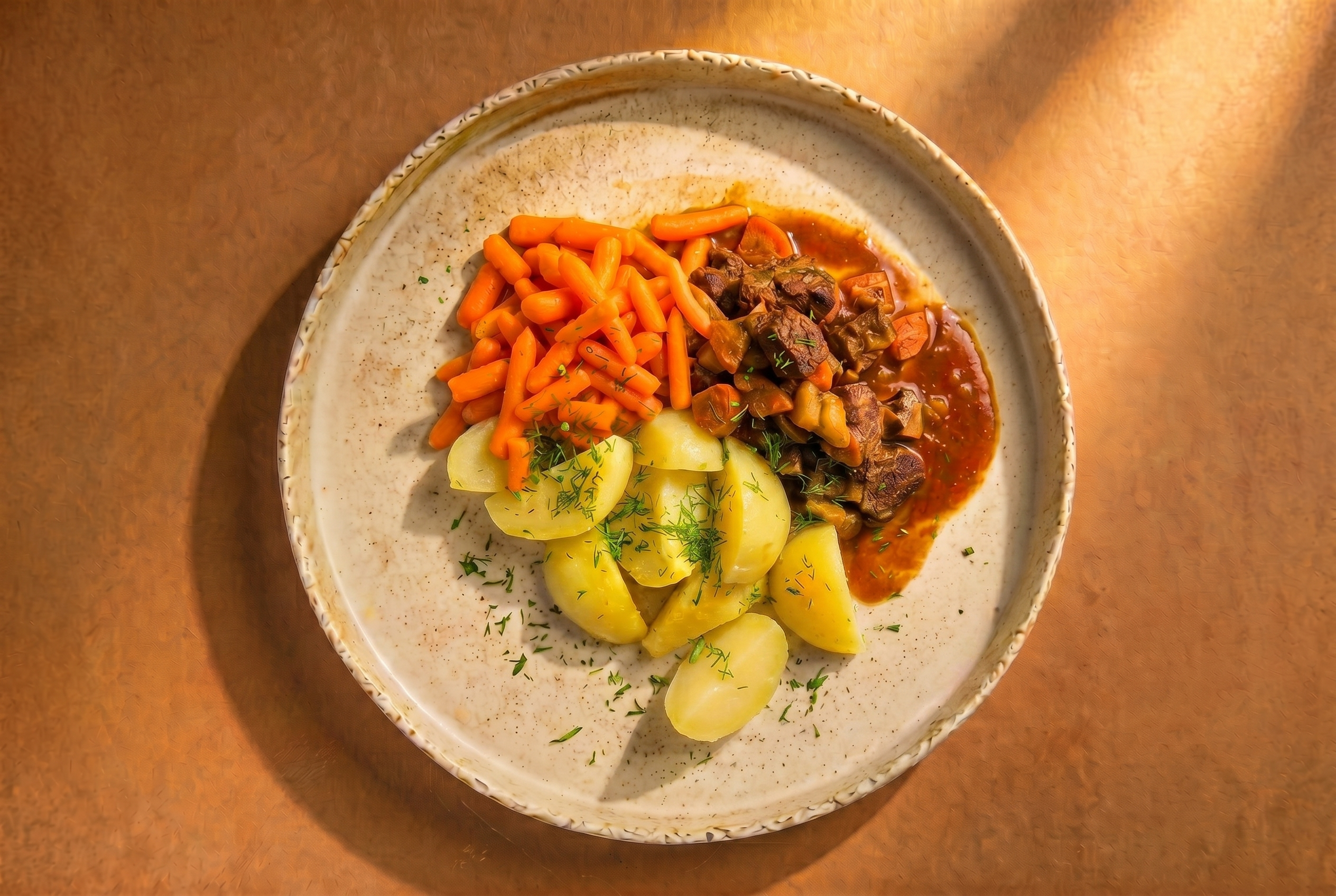 Beef Burgundy with potatoes and baby carrots