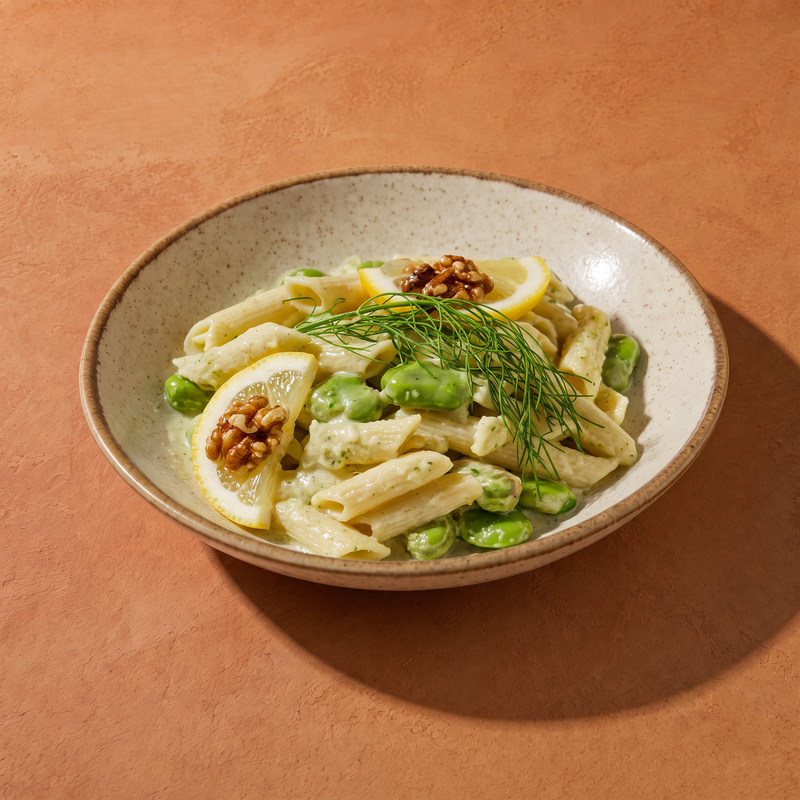 Penne z bobem ricottą i cytryną