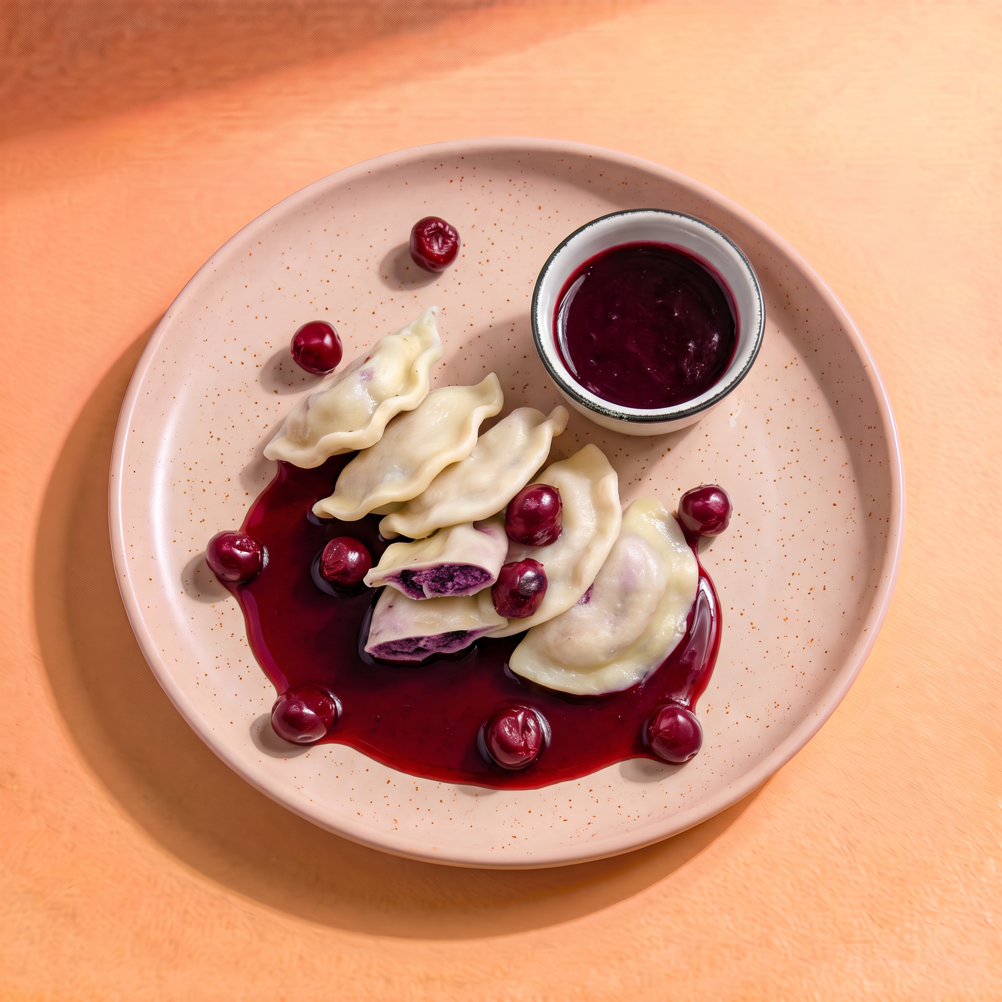 Pierogi z twarogiem i jagodami w sosie wiśniowym